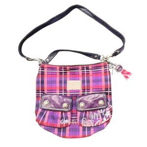 Coach Poppy Tartan Purple Metallic Plaid Shoulder Hobo Bag Strap Limited Edition